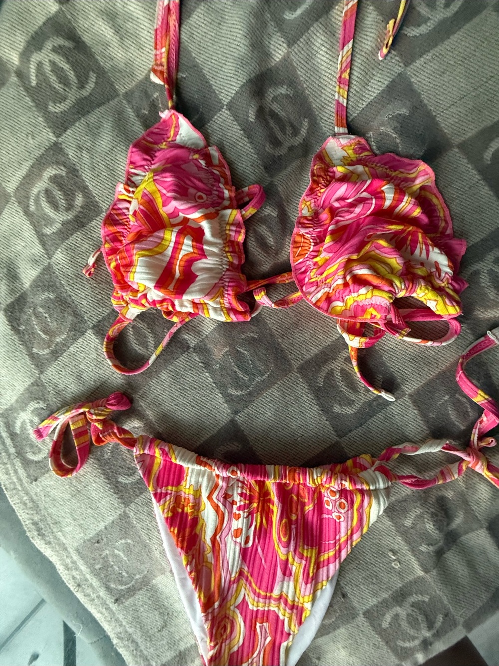 Pink Retro Print Ribbed String Bikini Set Size L - Picture 2 of 5
